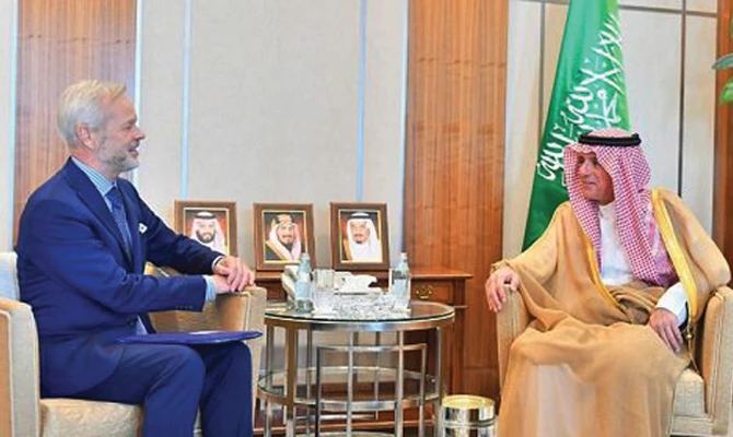 Saudi Foreign Minister Adel Al-Jubeir meets Antti Rytovuori. (SPA/File)