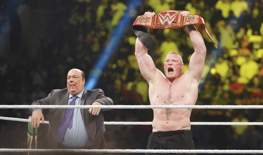 The Beast Incarnate: Brock Lesnar hoist the Universal Championship belt after his shock defeat of Braun Strowman. (AFP)