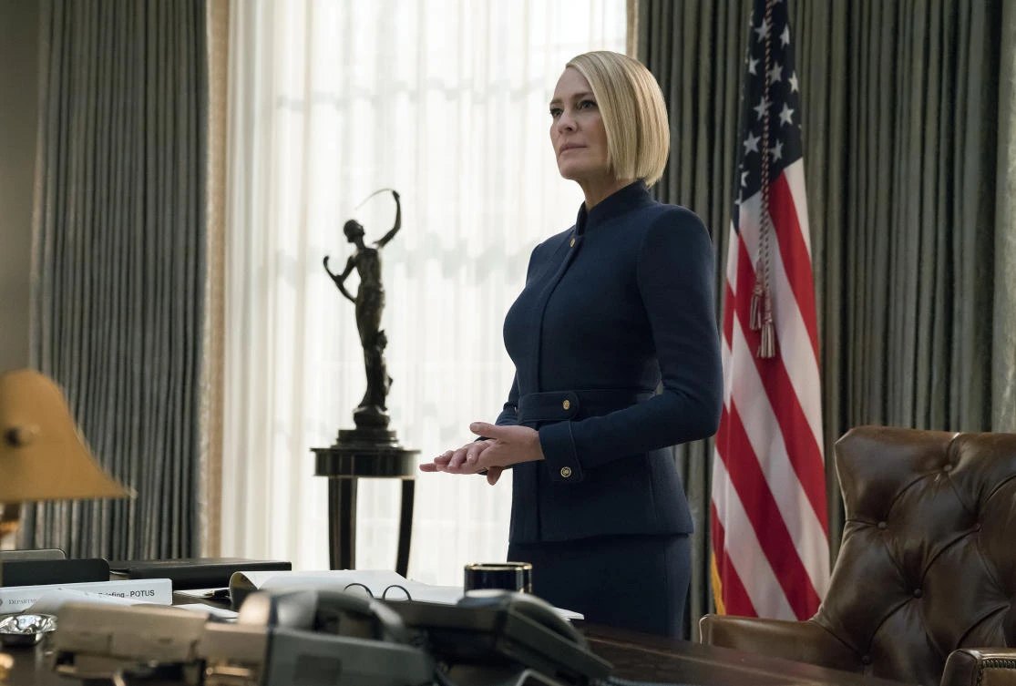 This image released by Netflix shows Robin Wright in a scene from the final season of “House Of Cards.” (Netflix via AP)