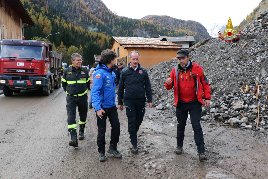The governor of the Veneto region, Luca Zaia, 2nd from right, checks the devastation left behind after a week of bad weather in the Veneto region, northeastern Italy, Sunday, Nov. 4, 2018. (AP)