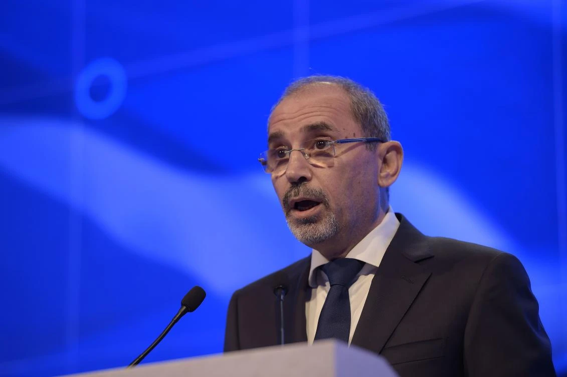 Jordan's Foreign Minister, Ayman Safadi, addresses the opening of the 14th International Institute for Strategic Studies (IISS) Manama Dialogue in the Bahraini capital Manama. (AFP)