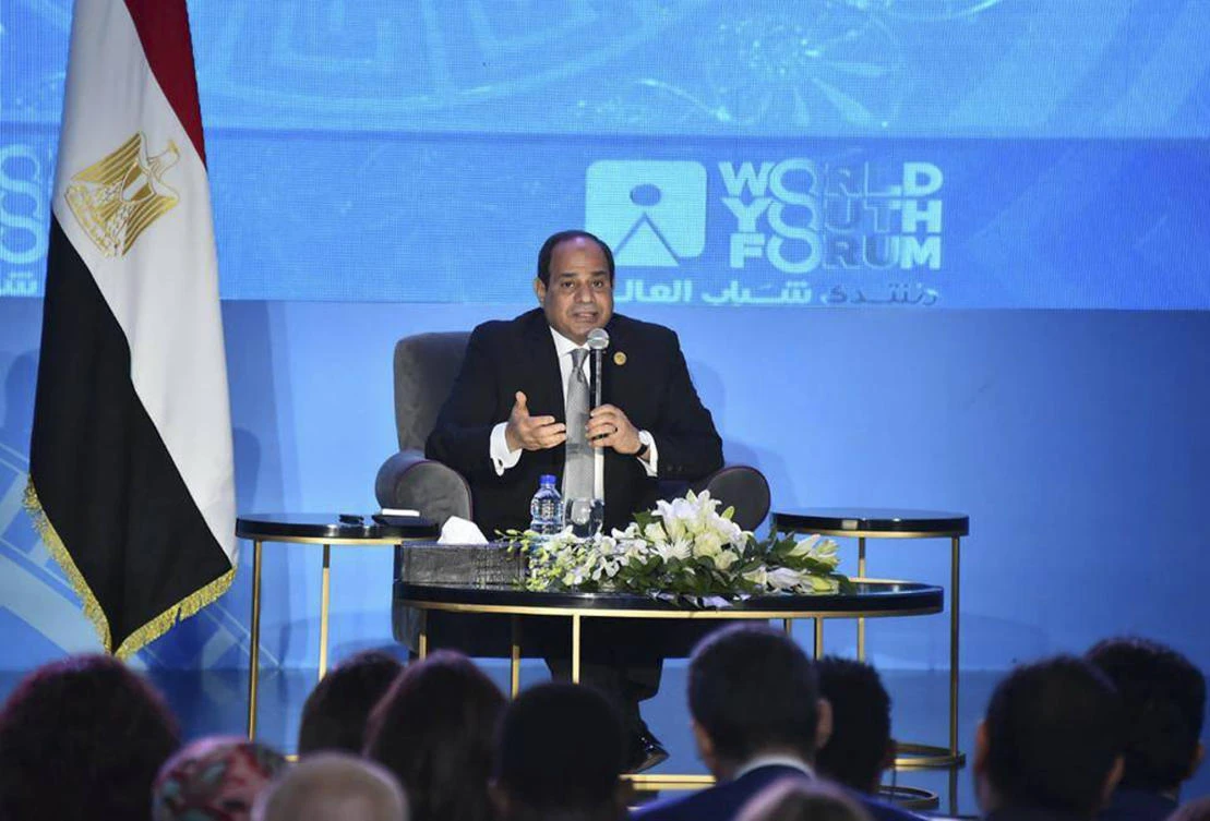 In this photo provided by Egypt's state news agency MENA, Egyptian President Abdel-Fattah el-Sissi, speaks during a youth conference in Sharm El Sheikh, Egypt, Monday, Nov. 5, 2018. (AP)