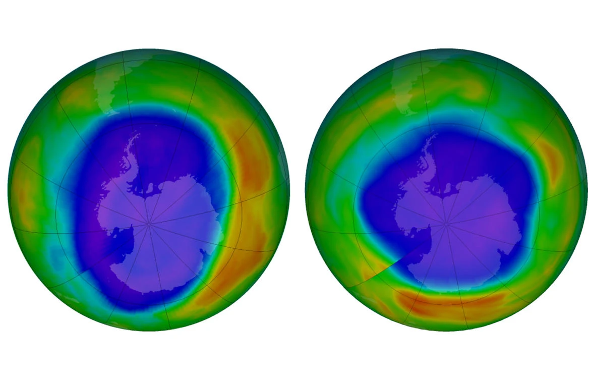 This combination of images made available by NASA shows areas of low ozone above Antarctica on September 2000, left, and September 2018. The purple and blue colors are where there is the least ozone, and the yellows and reds are where there is more ozone. (NASA via AP)