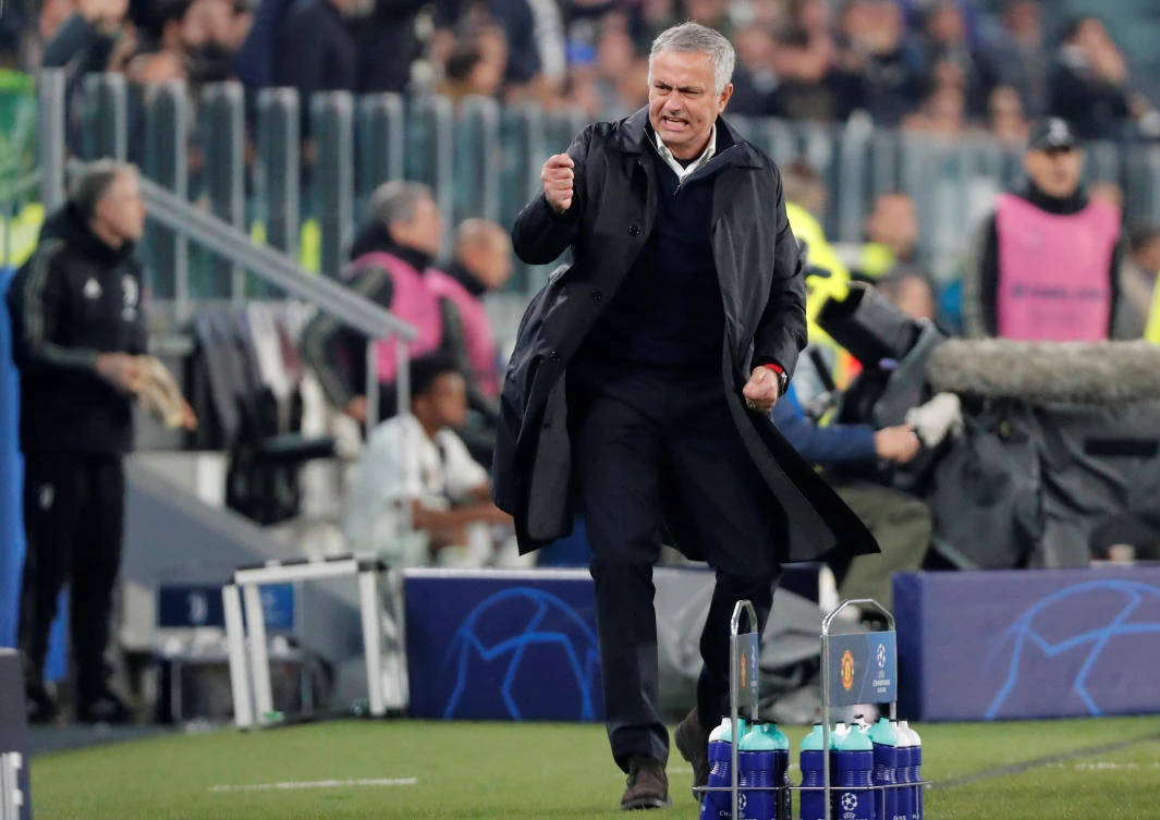 Manchester United manager Jose Mourinho celebrates at full time of Juventus vs. Manchester United in Turing. (Reuters)