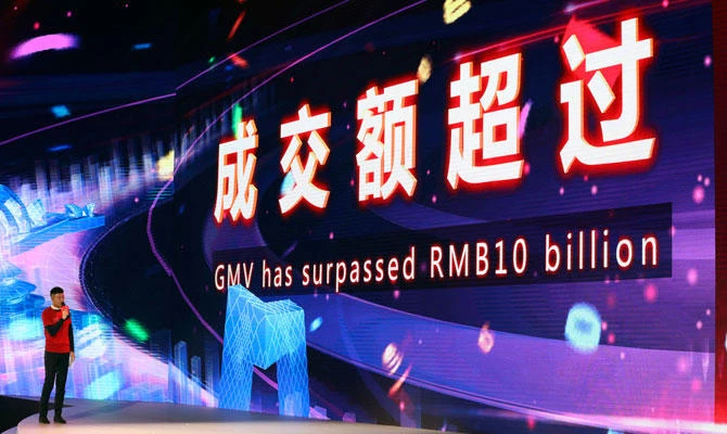 A board makes a milestone of sales passing the RMB10 billion or US$1.4 billion mark minutes into the start of Alibaba's 11.11 Global Shopping Festival held in Shanghai, China, early Sunday, Nov. 11, 2018. (AP)