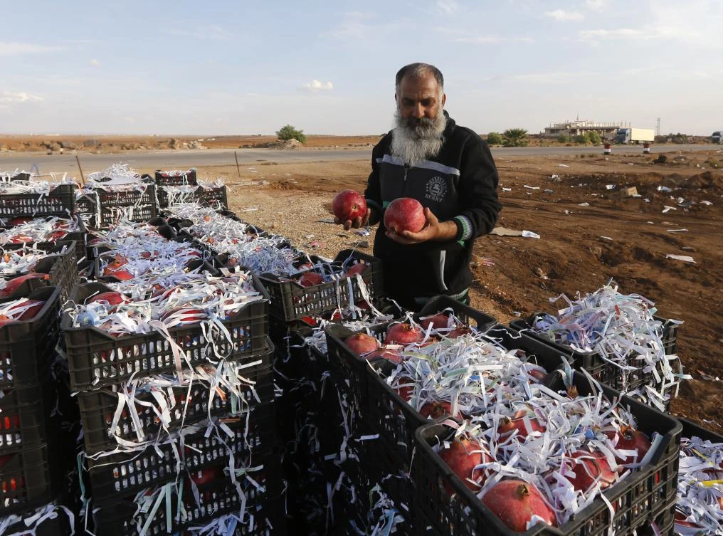 Syrian vendor Abu Alaa waits for Jordanian customers to sell them pomegranate at the recently reopened Nassib border post in the Daraa province,at the Syrian-Jordanian border south of Damascus on November 7, 2018. (AFP)