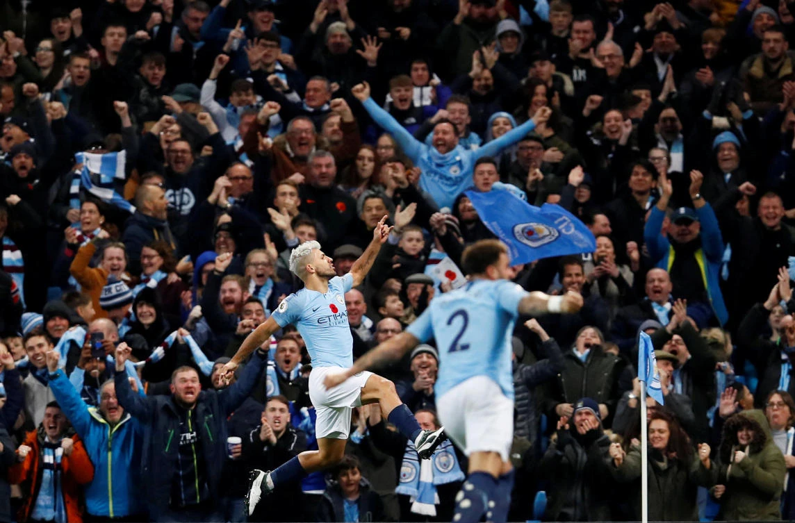 Manchester City's Sergio Aguero celebrates scoring their second goal against Manchester United. (Action Images via Reuters)