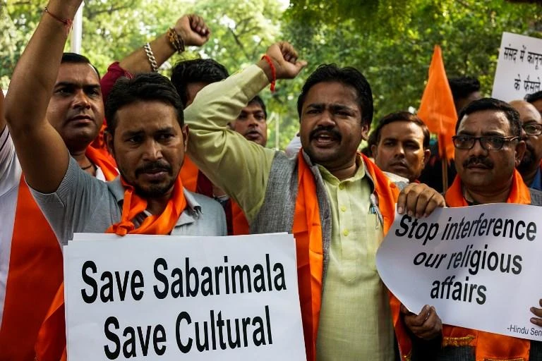 Hindu traditionalists protest against the Supreme Court decision to allow women of all ages to enter Kerala’s Sabarimala temple in New Delhi. (AFP)