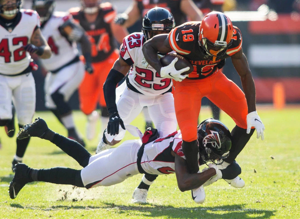 Nov 11, 2018; Cleveland, OH, USA; Atlanta Falcons strong safety Damontae Kazee (27) tackles Cleveland Browns wide receiver Breshad Perriman (19) during the second quarter at FirstEnergy Stadium. Mandatory Credit: Scott R. Galvin-USA TODAY Sports TPX IMAGES OF THE DAY