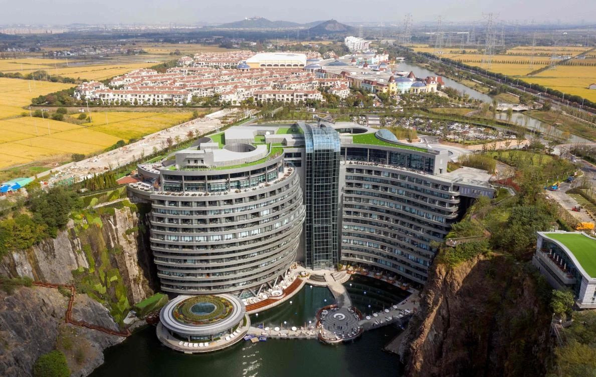 The swanky 336-room InterContinental Shanghai Wonderland – part of a $288 million development that also includes a theme park – was built in a disused quarry. (AFP)