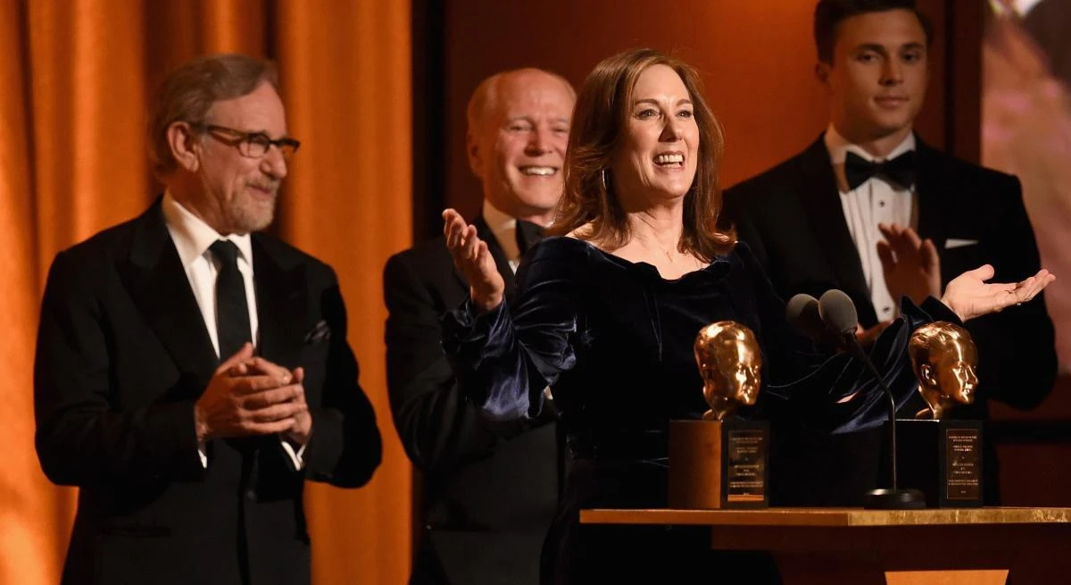 Kathleen Kennedy and Frank Marshall accept the Irving G. Thalberg Memorial Award from Steven Spielberg onstage during the Academy of Motion Picture Arts and Sciences’ 10th annual Governors Awards. (AFP)