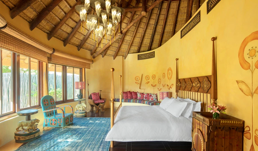 The African-style resort has 57 luxurious bungalows and villas overlooking Nofa Wildlife Park.