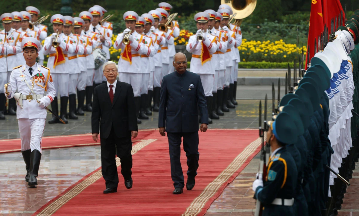 India’s President Ram Nath Kovind and his Vietnamese counterpart Nguyen Phu Trong attend a welcoming ceremony at the Presidential Palace in Hanoi, Vietnam Nov. 20. (Reuters)