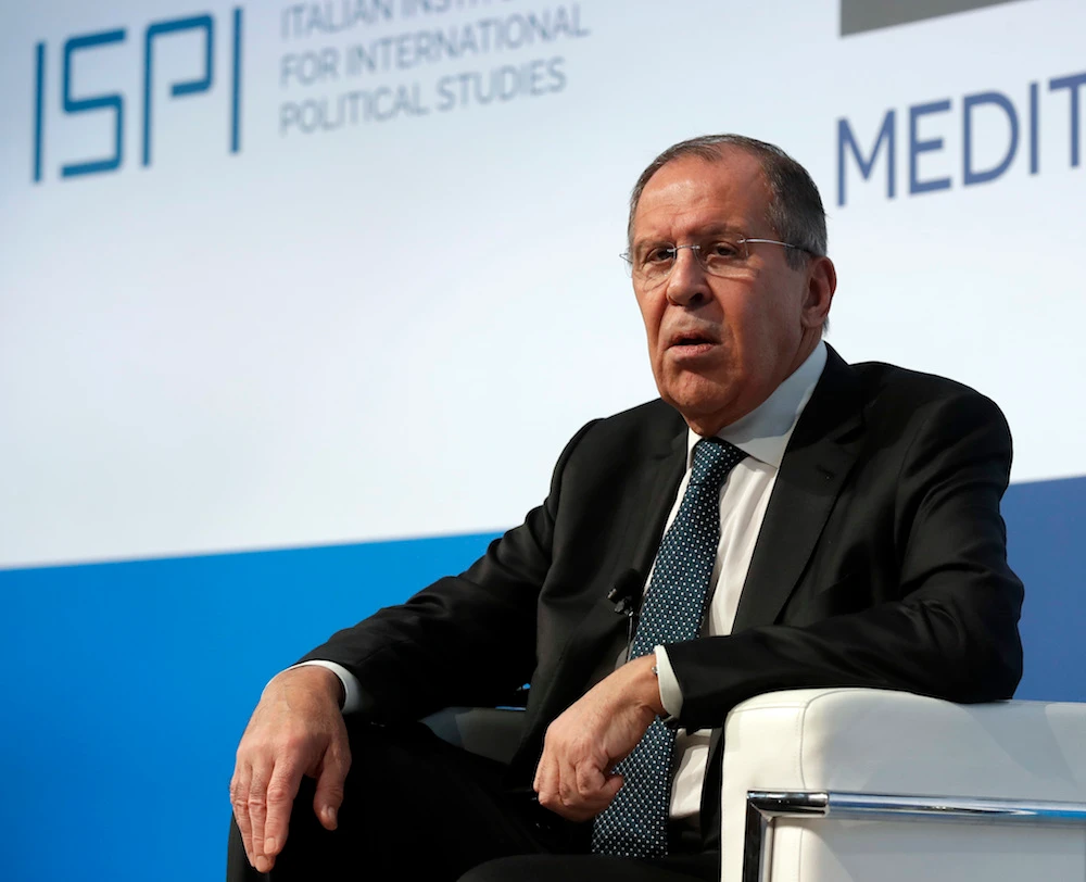Russian Foreign Minister Sergey Lavrov and foreign ministers of Russia, Iran, Iraq, Jordan, Qatar and other countries gather in the Italian capital for the third edition of the Rome Med Dialogues. (AP)