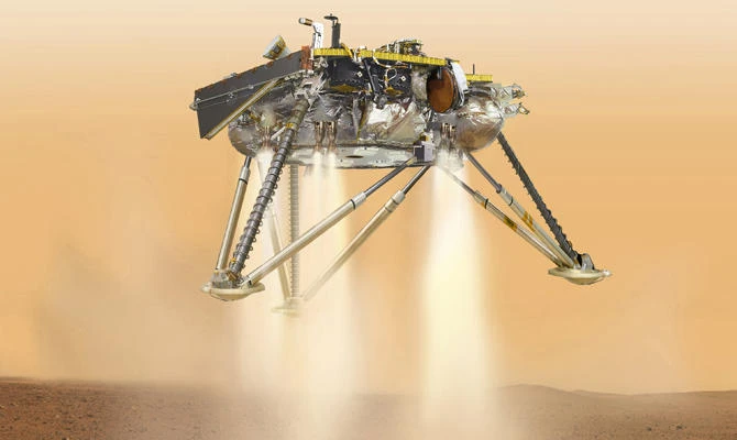 This illustration made available by NASA in October 2016 shows shows InSight lander about to land on the surface of Mars. (NASA/JPL-Caltech via AP