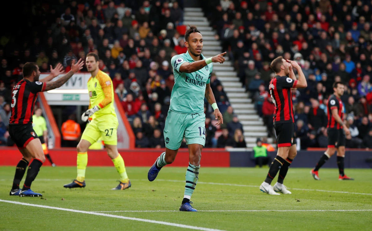 Arsenal's Pierre-Emerick Aubameyang celebrates scoring their second goal against AFC Bournemouth. (Action Images via Reuters)