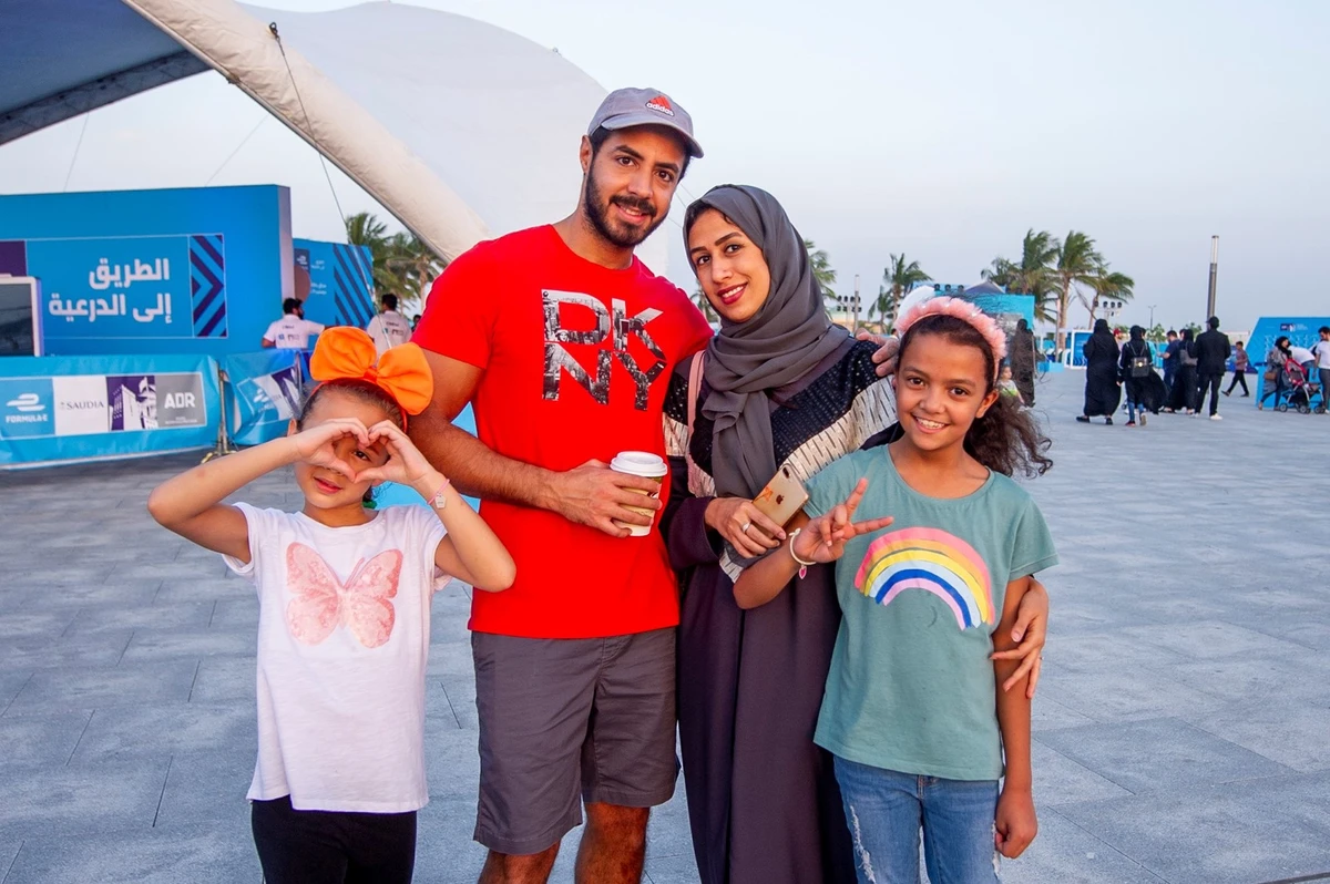 Mohammed Karkashan and wife Halla Tajaldeen were getting the feel for Formula E with daughter Lana and Leen Hedery at the Road to Ad Diriyah Roadshow. (General Sports Authority)