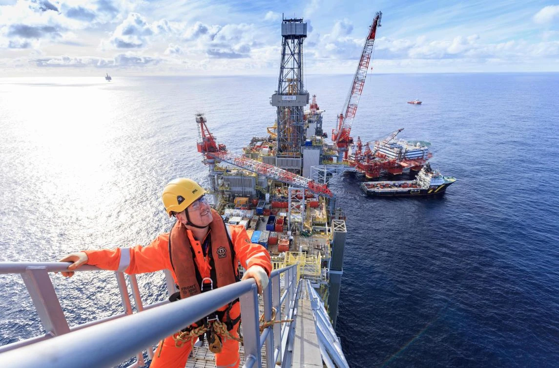 A workman on board an oil platform in the Clair Ridge oilfield in the North Sea, 45 miles off the coast of Scotland. (AFP)