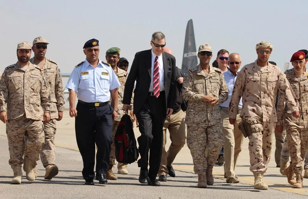 US Ambassador to Yemen Matthew H Tueller (5th-L) arrives at Mukalla airport, southwestern Yemen, on November 29, 2018. (AFP)