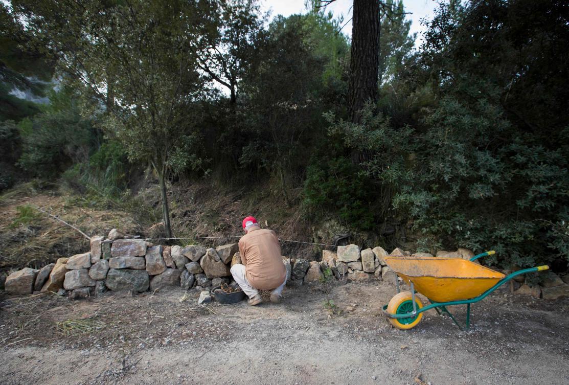 Tomeu Piza builds a wall in his farm using the dry stone technique in Esporles on the Spanish Balearic Island of Mallorca on December 11, 2018. The art of dry stone walling, inscribed in 2018 on the Representative List of the Intangible Cultural Heritage of Humanity, (sometimes called drystack) is a building method by which structures are constructed from stones without any mortar to bind them together. Dry stone structures are stable because of their unique construction method, which is characterized by the presence of a load-bearing facade of carefully selected interlocking stones. / AFP / JAIME REINA