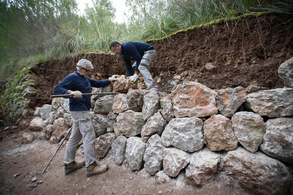Some men build a wall using the dry stone technique in Esporles on the Spanish Balearic Island of Mallorca on December 11, 2018. The art of dry stone walling, inscribed in 2018 on the Representative List of the Intangible Cultural Heritage of Humanity, (sometimes called drystack) is a building method by which structures are constructed from stones without any mortar to bind them together. Dry stone structures are stable because of their unique construction method, which is characterized by the presence of a load-bearing facade of carefully selected interlocking stones. / AFP / JAIME REINA