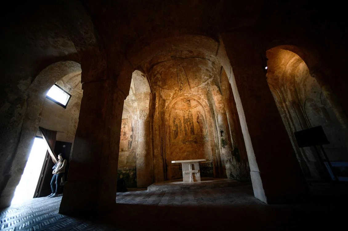 (FILES) In this file photo taken on October 19, 2018, the Madonna delle Virtu cave church and its ancient frescoes are pictured in the southern Italian city of Matera, which has been selected as the 2019 European capital of culture. / AFP / Filippo MONTEFORTE