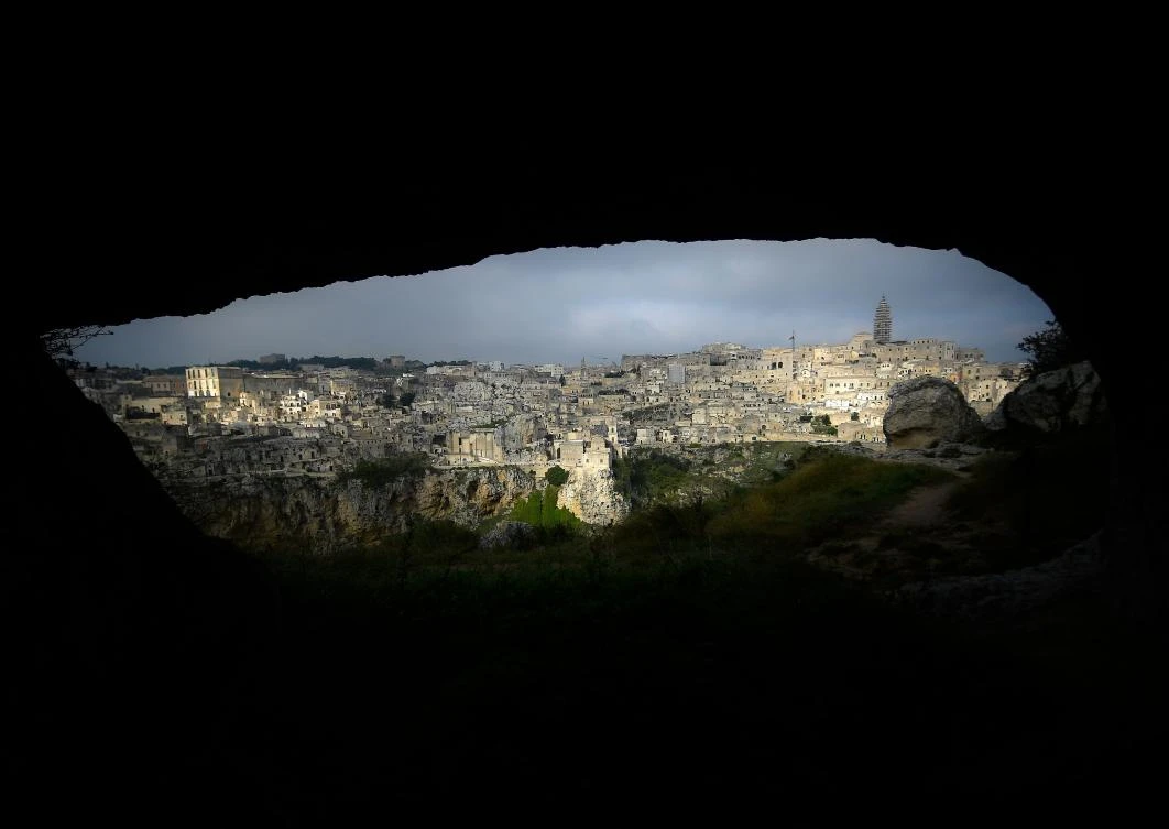 (FILES) This file photo taken on October 19, 2018 shows a general view taken from a cave of the southern Italian city of Matera, which has been selected as the 2019 European capital of culture. / AFP / Filippo MONTEFORTE