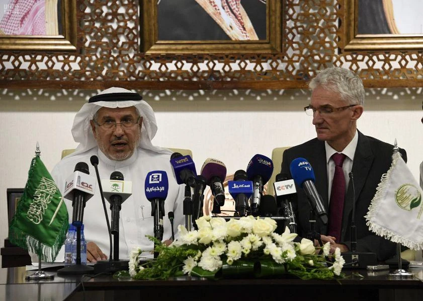 King Salman Humanitarian Aid and Relief Center (KSRelief) holds joint press conference with Mark Lowcock, UN under-secretary-general for Humanitarian Affairs and Emergency Relief Coordinator. (SPA)