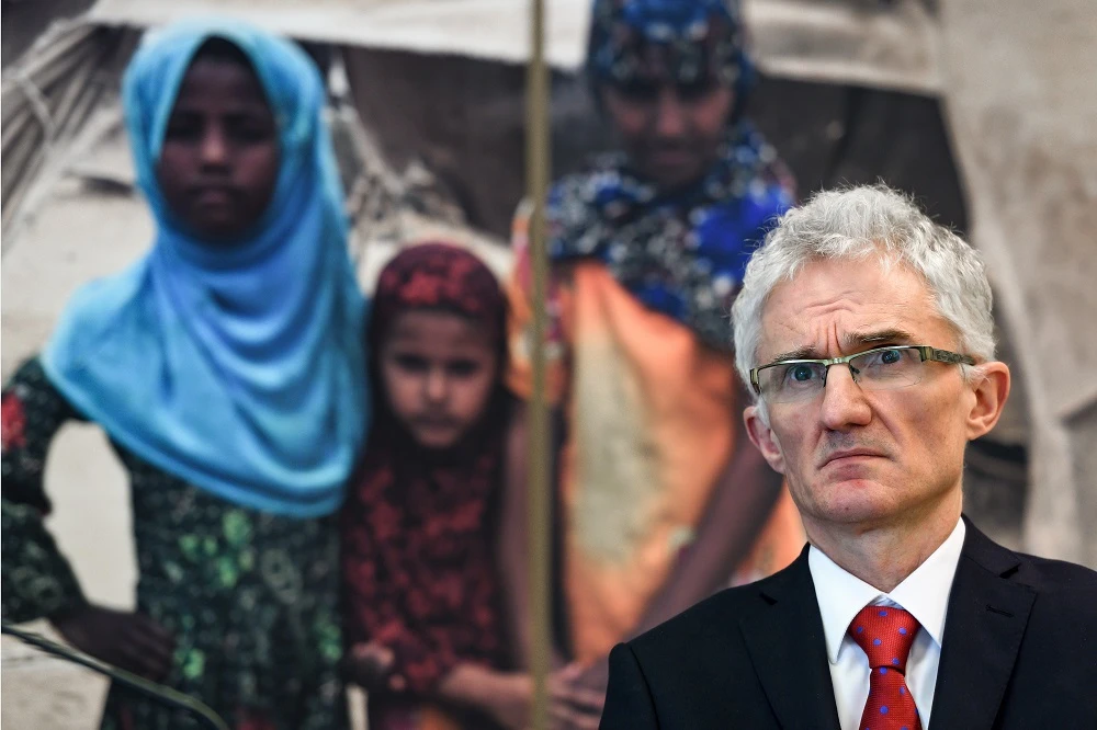 UN Under-Secretary-General for Humanitarian Affairs Mark Lowcock looks on a pledging conference aimed at raising funds for war-ravaged Yemen on April 3, 2018 in Geneva. (File/AFP)