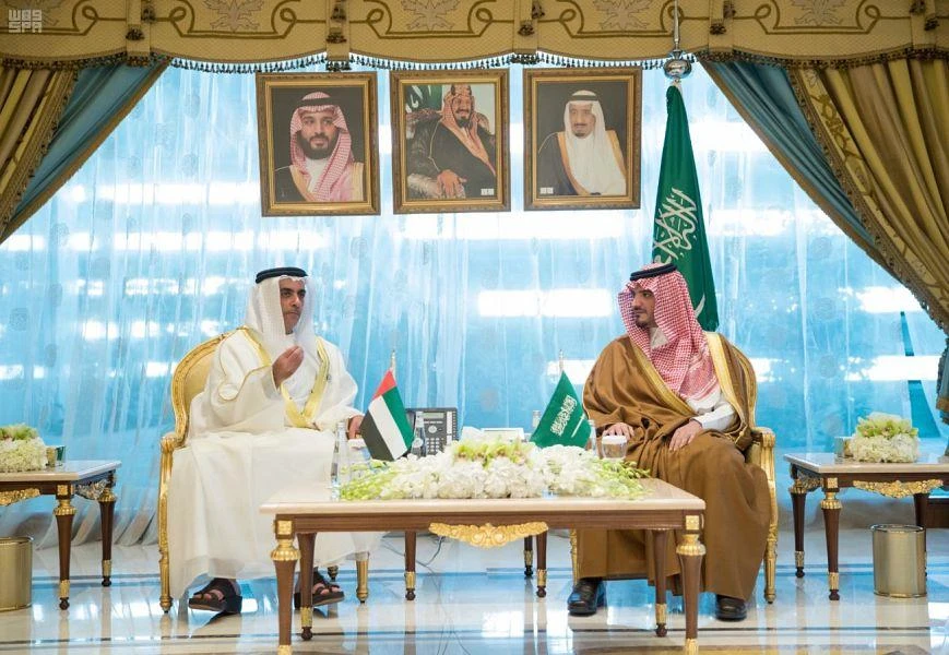 Saudi Arabia’s Minister of Interior Prince Abdulaziz bin Saud bin Naif has held official talks with his counterpart in the UAE Sheikh Saif bin Zayed, the UAE Deputy Prime Minister, who arrived in Riyadh on Wednesday. (SPA)
