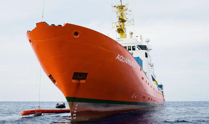 A handout photo released on September 24, 2018 by SOS Mediterranee shows the Aquarius rescue ship run by non-governmental organisations (NGO) "SOS Mediterranee" and "Medecins Sans Frontieres" (Doctors without Borders) in the search and rescue zone in the Mediterranean Sea on September 18, 2018. (AFP)