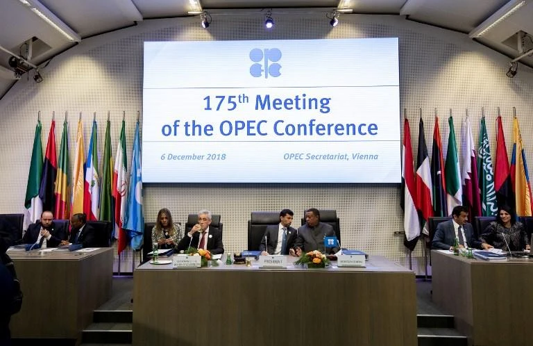 OPEC President and Energy Minister of the United Arab Emirates Suhail al-Mazrouei (4th R) opens the 175th OPEC Conference of Organization of the Petroleum Exporting Countries (OPEC) in Vienna, Austria on December 6, 2018. (AFP)