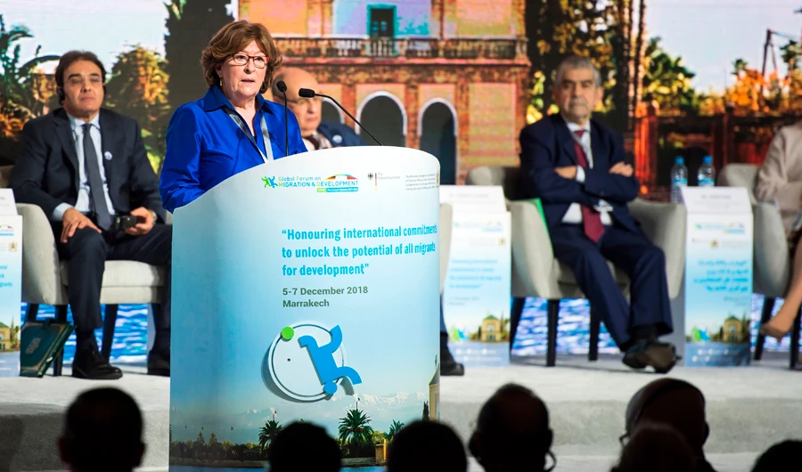 Louise Arbour, the UN official, gives a speech during the Global Forum on Migration and Developement on Dec. 5 in Marrakesh. (AFP)