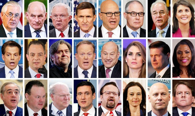 White House Chief of Staff John Kelly (2nd L top row) who U.S. President Donald Trump said will leave his job at the end of 2018 and former Trump administration appointees are seen in this combination photo, (top row L-R) Rex Tillerson, Kelly, Jeff Sessions, Michael Flynn, H.R. McMaster, Scott Pruitt, Tom Price, and Nikki Haley, (middle row L-R) Anthony Scaramucci, Reince Priebus, Steve Bannon, Sean Spicer, Gary Cohn, Hope Hicks, Rob Porter, and Omarosa Manigault, (bottom row L-R) David Shulkin, Rick Dearborn, Joe Hagin, Tom Bossert, Sebastian Gorka, Dina Powell, Marc Short, and Don McGahn, from Reuters files. (REUTERS)