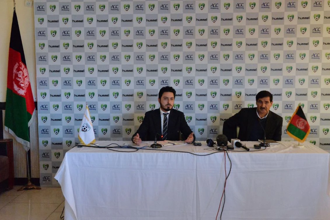 Secretary general of the Afghanistan football federation (AFF) Sayed Alireza Aqazada (L) spoke during a press conference in Kabul, as FIFA looked in to claims of sexual and physical abuse on the Afghanistan national women’s team. (File/AFP)
