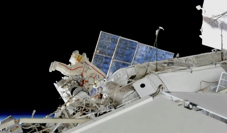 Russian cosmonauts Oleg Kononenko and Sergey Prokopyev conduct a spacewalk outside the International Space Station Space. (NASA)