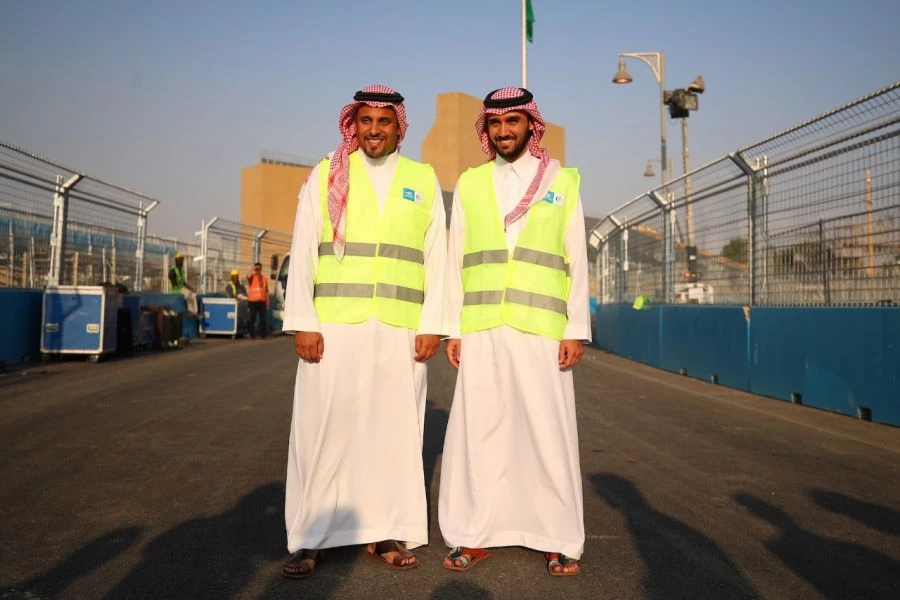 Prince Abdulaziz and Prince Khalid at the Ad Diriyah Formula E Racetrack (Supplied)