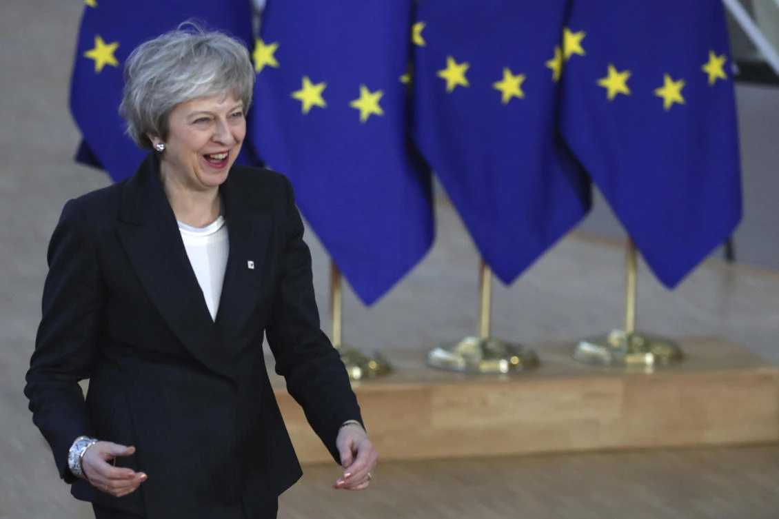 British Prime Minister Theresa May arrives for an EU summit at the Europa building in Brussels. (AP)