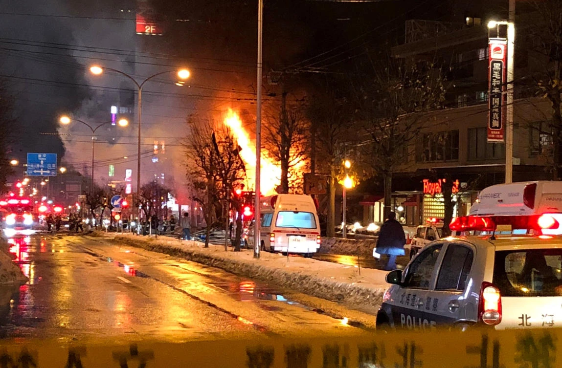 A view of a site of an explosion at a bar in Sapporo, Japan, December 16, 2018 in this still image taken from a video obtained from social media. (Courtesy: Twitter/ @KEIBAPANDRA/via Reuters)