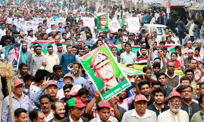 Jatiya Oikya Front supporters during a rally to mark Victory Day in Dhaka on Sunday. (AP)