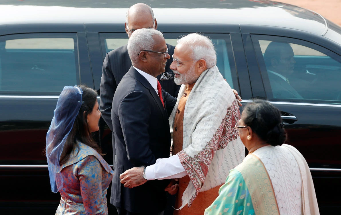 India’s Prime Minister Narendra Modi hugs Maldives President Ibrahim Mohamed Solih in New Delhi, India, Dec. 17. (Reuters)
