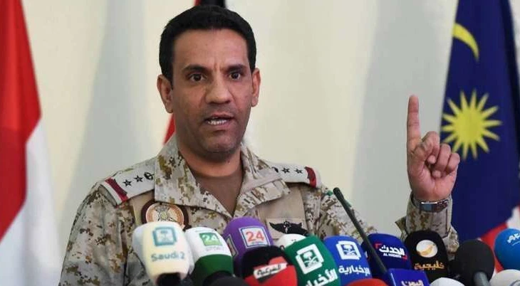 Arab coalition spokesperson Col. Turki Al-Maliki holds a press conference at the King Salman airbase in Riyadh. (File photo/AFP)