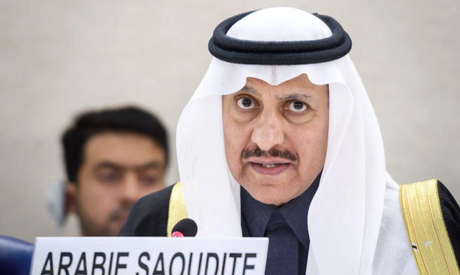 President of the Human Rights Commission of Saudi Arabia, Bandar bin Mohammed Al-Aiban delivers a speech before the UN Human Rights Council during the Universal Periodic Review on November 5, 2018 in Geneva. (AFP)
