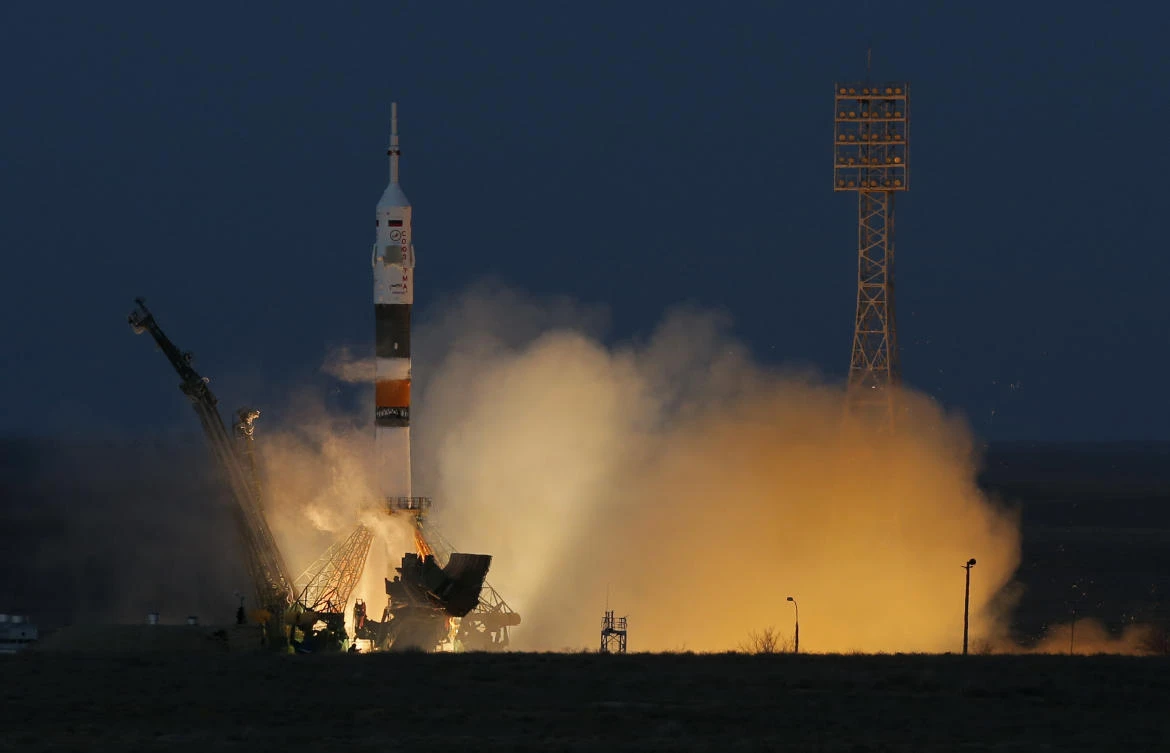 The Soyuz-FG rocket booster with Soyuz TMA-07M space ship transporting astronauts to the International Space Station blasts off from the Baikonur cosmodrome in Kazakhstan. (File/AP)