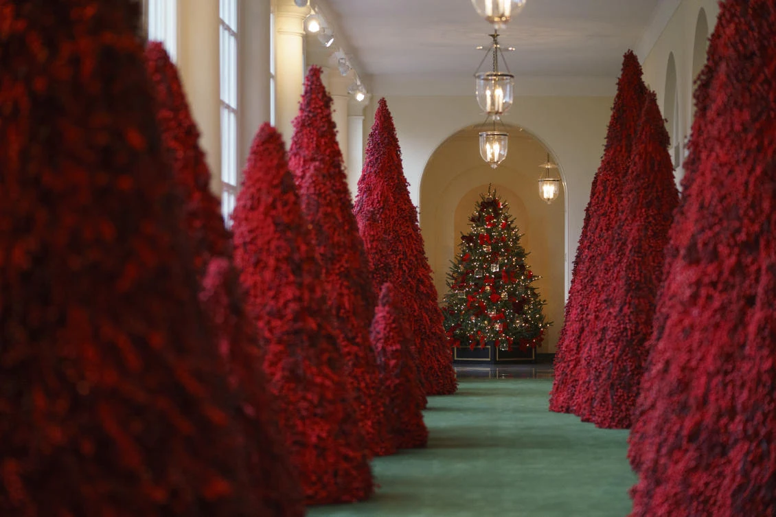 Melania Trump’s cranberry topiary trees turned out to be a hit this Christmas — one of several new wrinkles the Trumps introduced this holiday season. (File/AP)