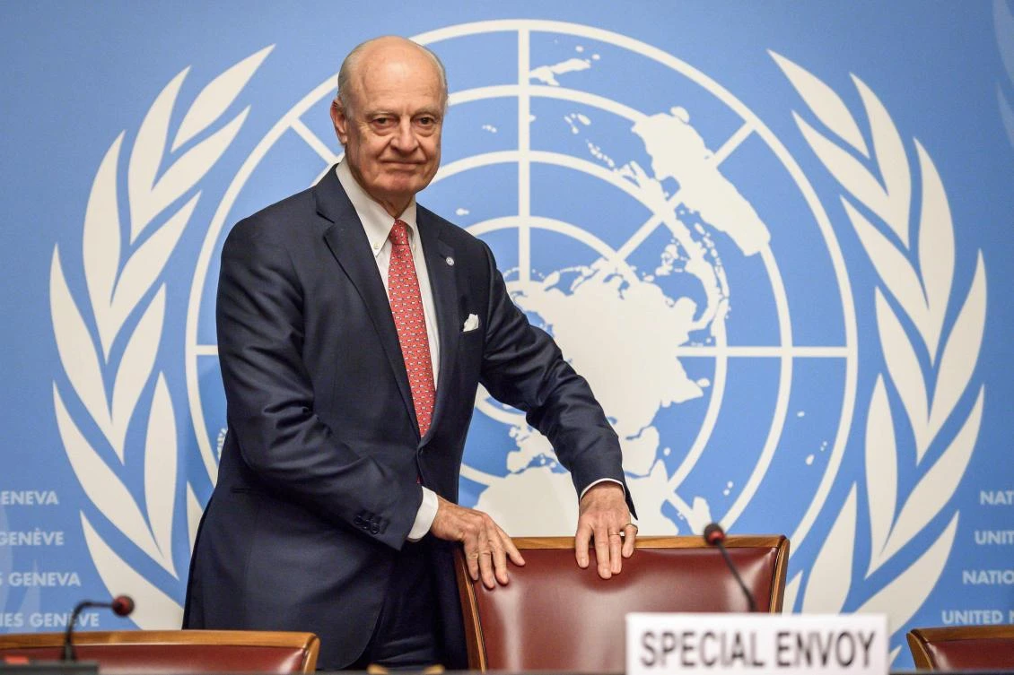 UN Special Envoy for Syria Staffan de Mistura arrives to a press conference after a meeting on forming a constitutional committee in Syria. (AFP)