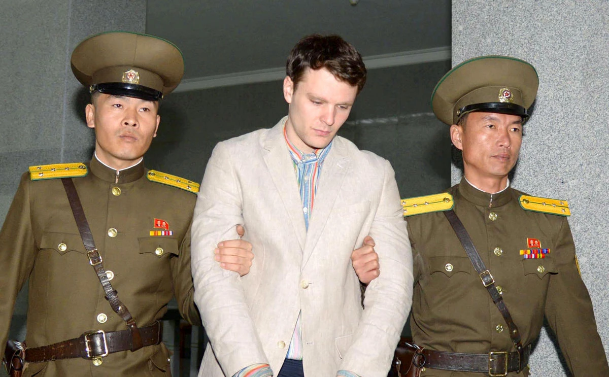 Otto Frederick Warmbier, a University of Virginia student who was detained in North Korea since early January, is taken to North Korea's top court in Pyongyang, North Korea, in this photo released by Kyodo March 16, 2016. Mandatory credit (Kyodo/File Photo via Reuters)
