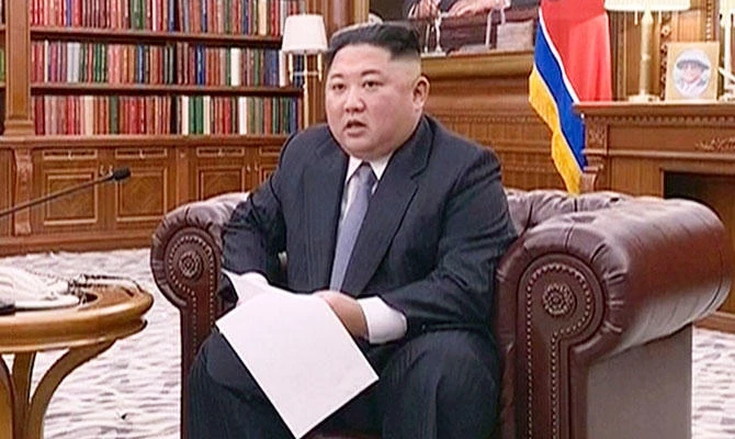 In this undated image from video distributed on Tuesday, Jan. 1, 2019, by North Korean broadcaster KRT, North Korean leader Kim Jong Un delivers a speech in North Korea. (AP)