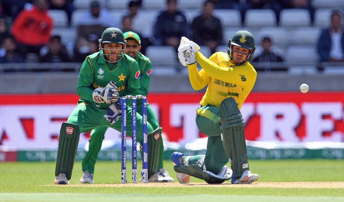 In this file photo, South Africa’s Quinton de Kock, right, is dismissed lbw during the ICC Champions Trophy match between Pakistan and South Africa at Edgbaston in Birmingham on June 7, 2017. (AFP)