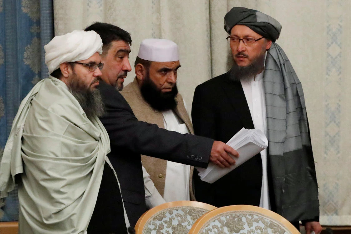 Members of Taliban delegation take their seats during the multilateral peace talks on Afghanistan in Moscow on November 9, 2018. (Reuters)